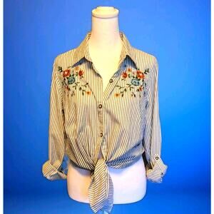 Westport Women's Size S Cotton Button Up Blouse Embroidered Blue Stripe Metallic